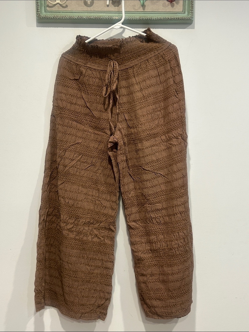 Ces Femme Brown Wide Leg Textured weave Drawstring pull on Pants medium